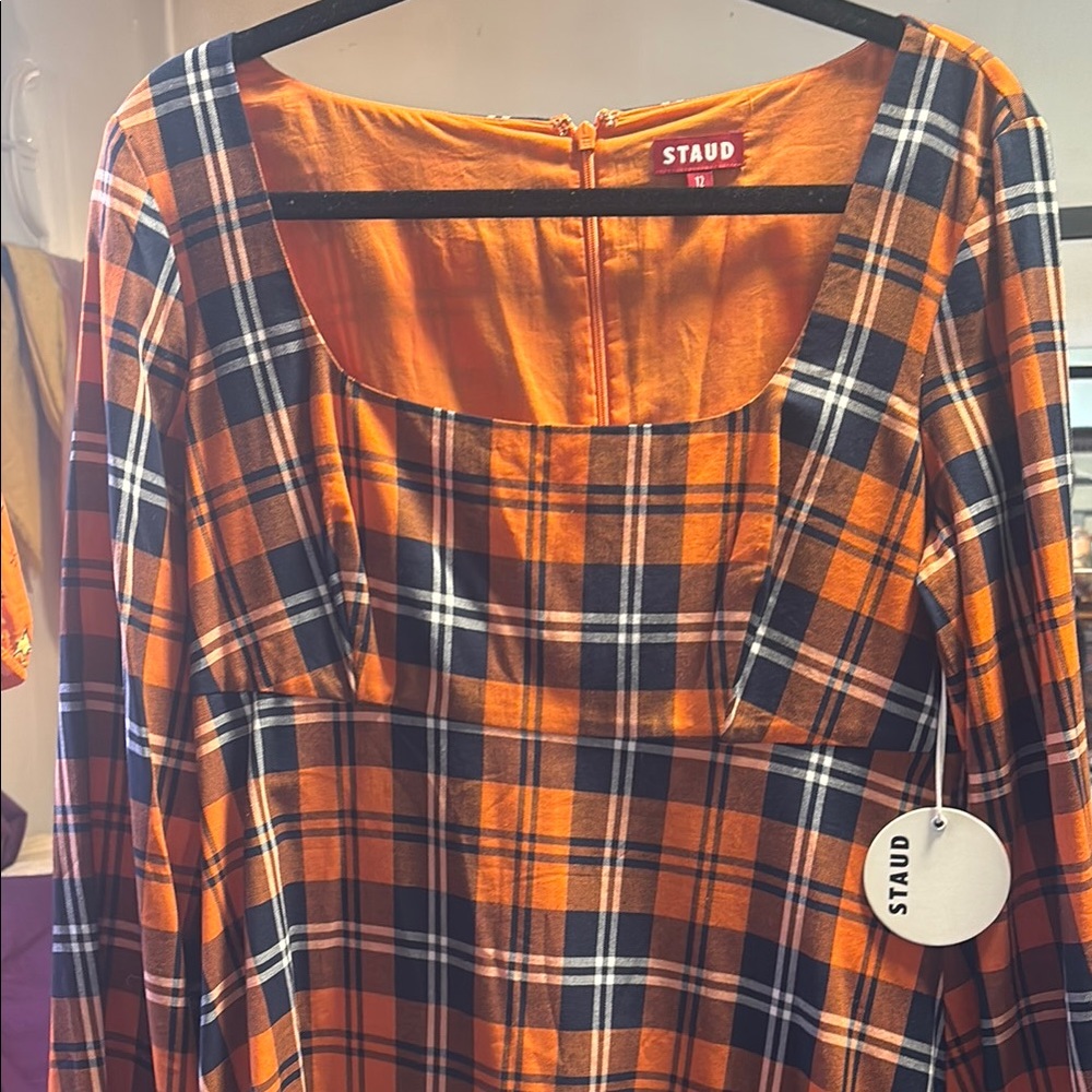 STAUD Orange Plaid Long Sleeve Dress